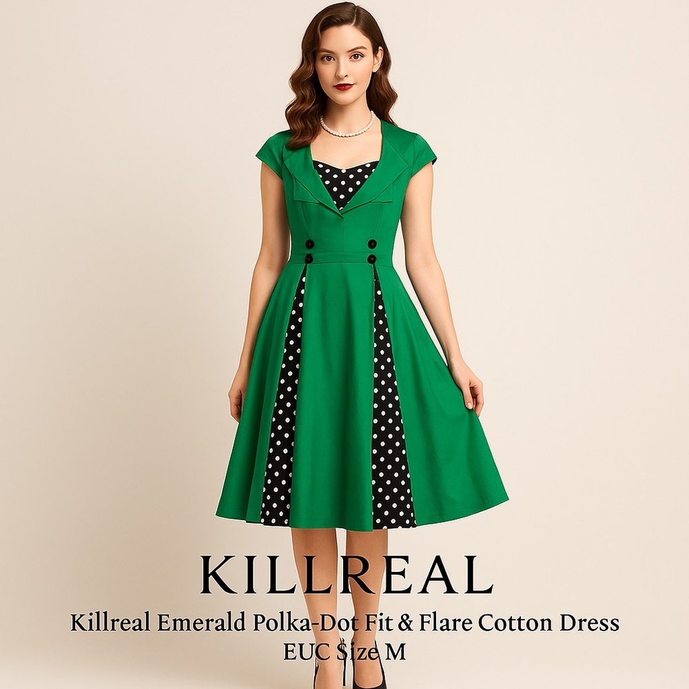 Killreal, Fantastic Emerald Polka-Dot Fit & Flare Cotton Dress EUC Size M - Picture 7 of 15